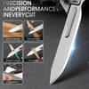 A silver precision knife is shown with various cutting tasks demonstrated, including delivering a package, preparing branches