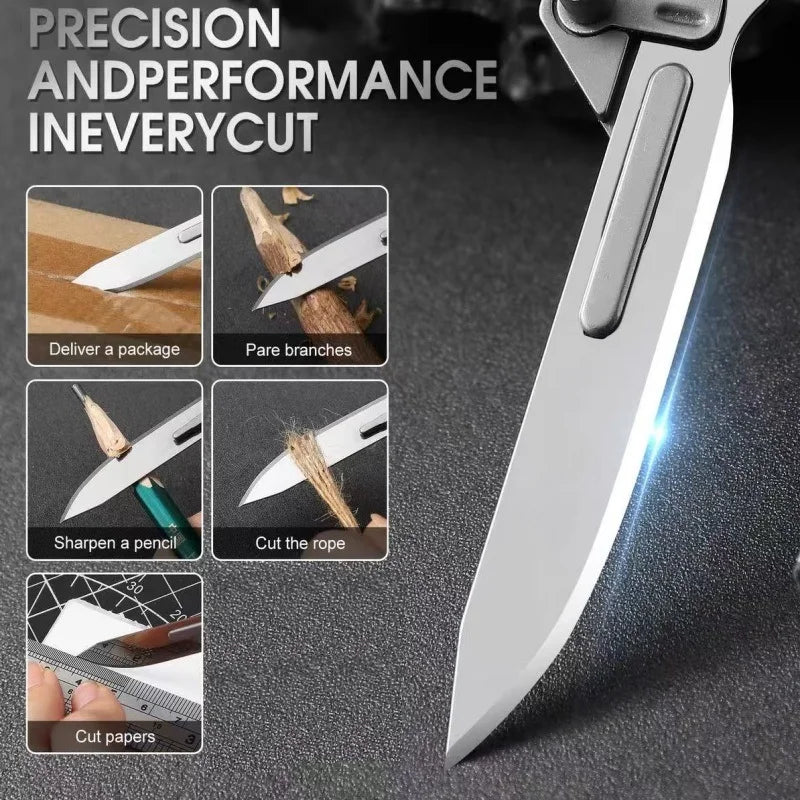 A silver precision knife is shown with various cutting tasks demonstrated, including delivering a package, preparing branches