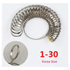 A coiled precision stainless steel ring sizer gauge kit with a separate ring shown in a circular view.
