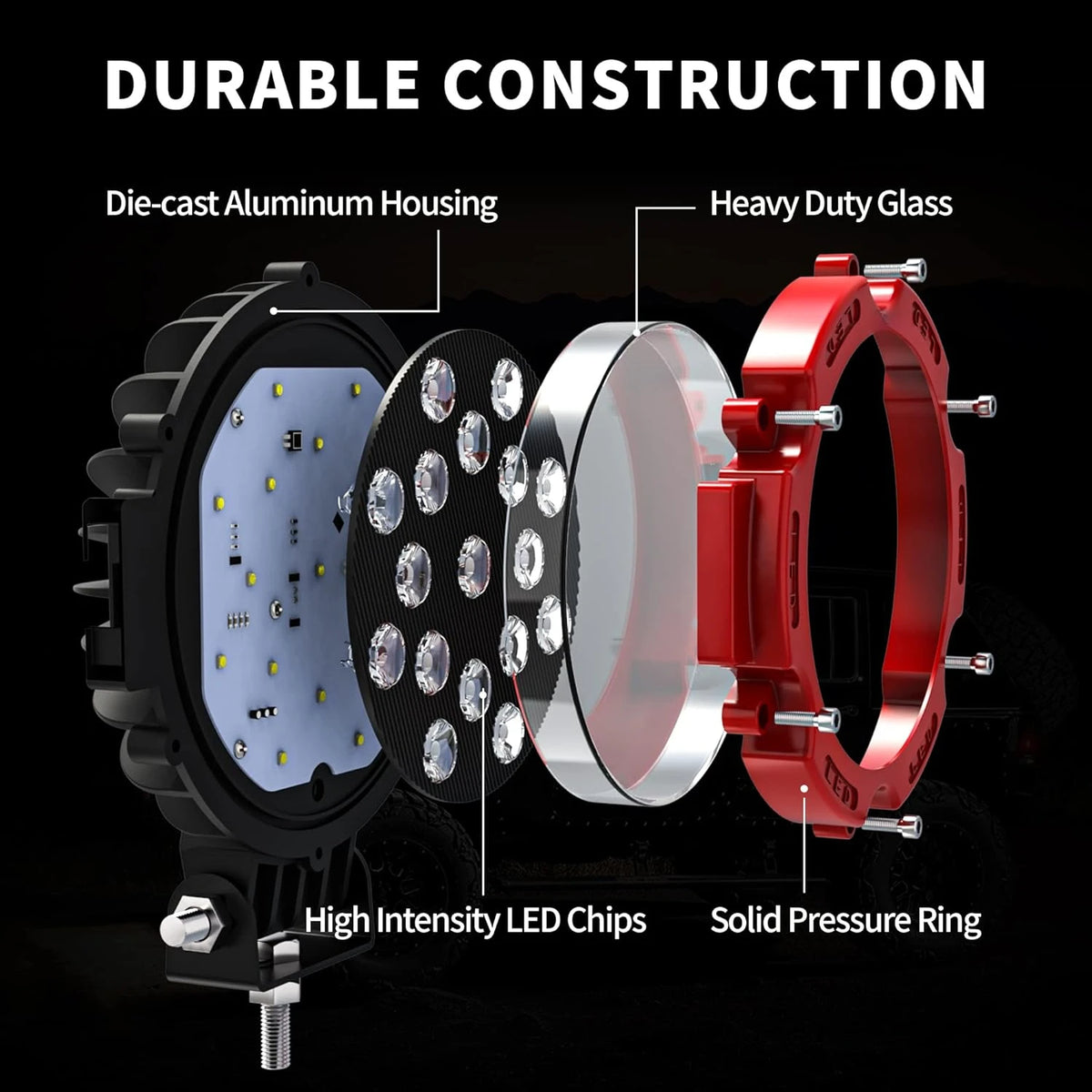 A set of durable LED off-road driving lights featuring die-cast aluminum housing, heavy duty glass, and a solid pressure ring