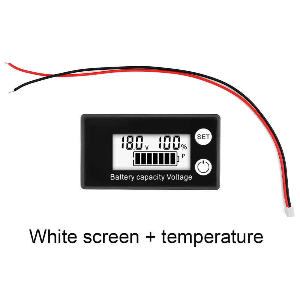 A digital battery capacity tester device with a white screen displaying voltage and percentage, connected by red and black wi