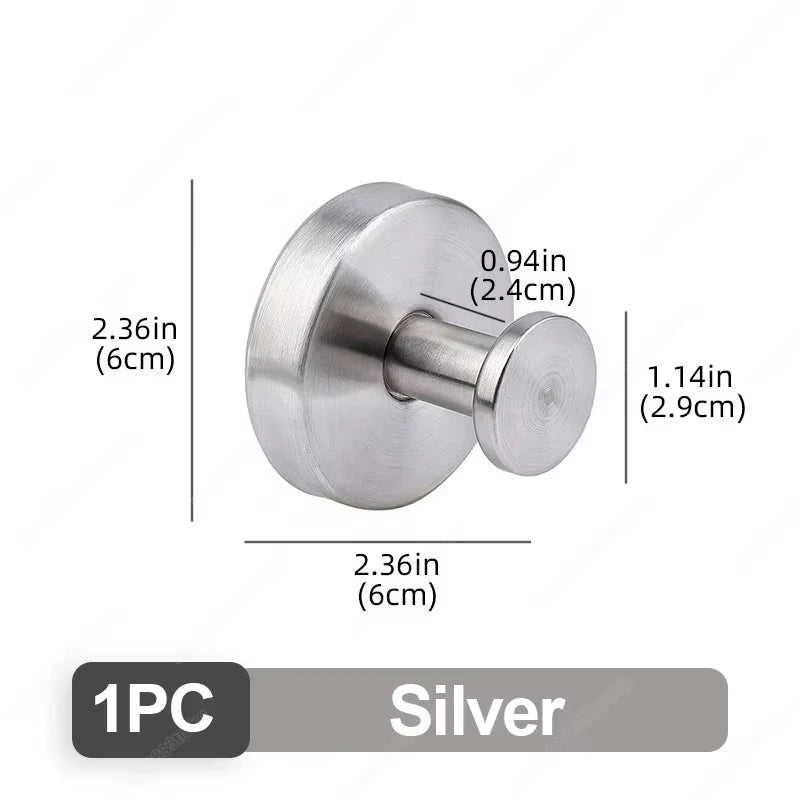 Silver stainless steel suction cup hook with a cylindrical body and a spherical end.