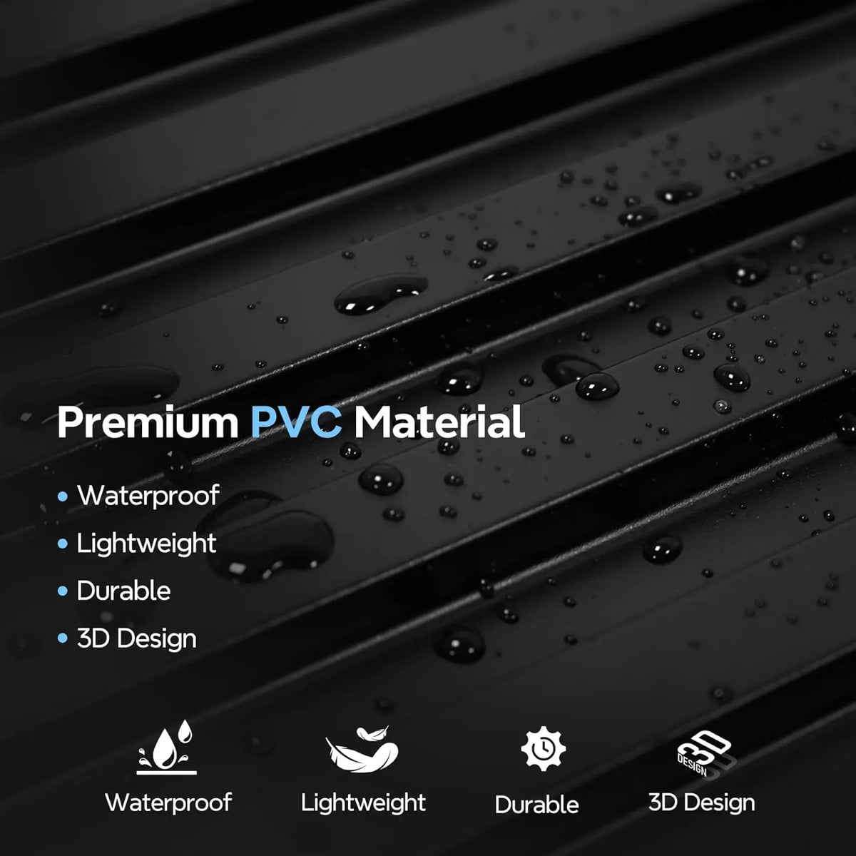 Close-up of black PVC wall panels showing waterproof, lightweight, durable, and 3D design features.
