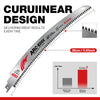 A close-up view of an ARC-EDGE design reciprocating saw blade for pruning, showing its teeth and durability comparison.