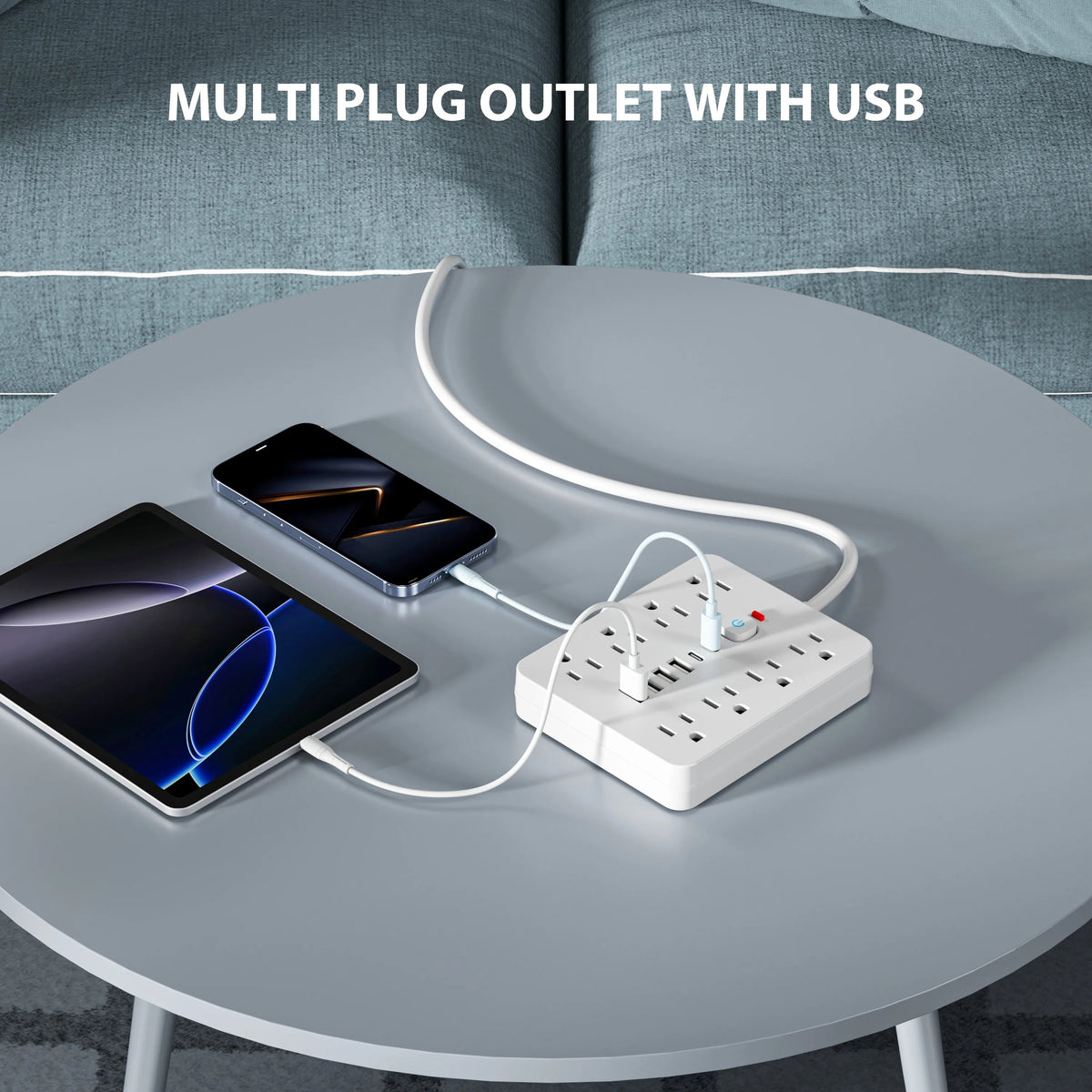 A white multi plug outlet with USB ports is shown plugged into a power strip and connected to a smartphone.