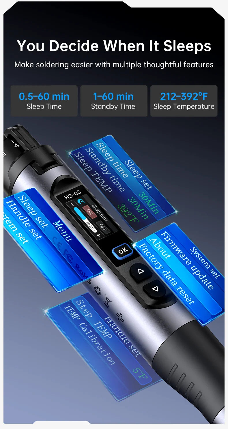 A cordless wireless soldering iron kit showing various features like sleep time standby time and temperature settings.