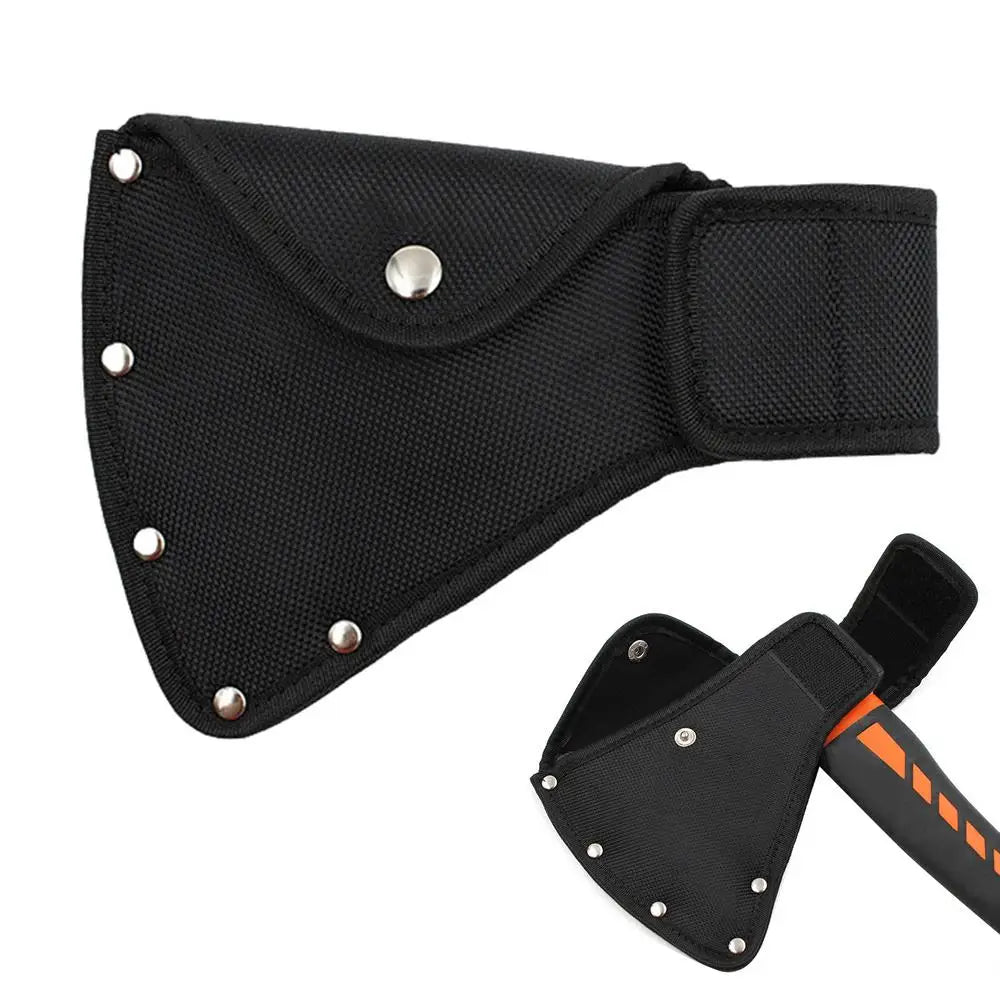 Black durable nylon axe blade cover with metal rivets and a strap.