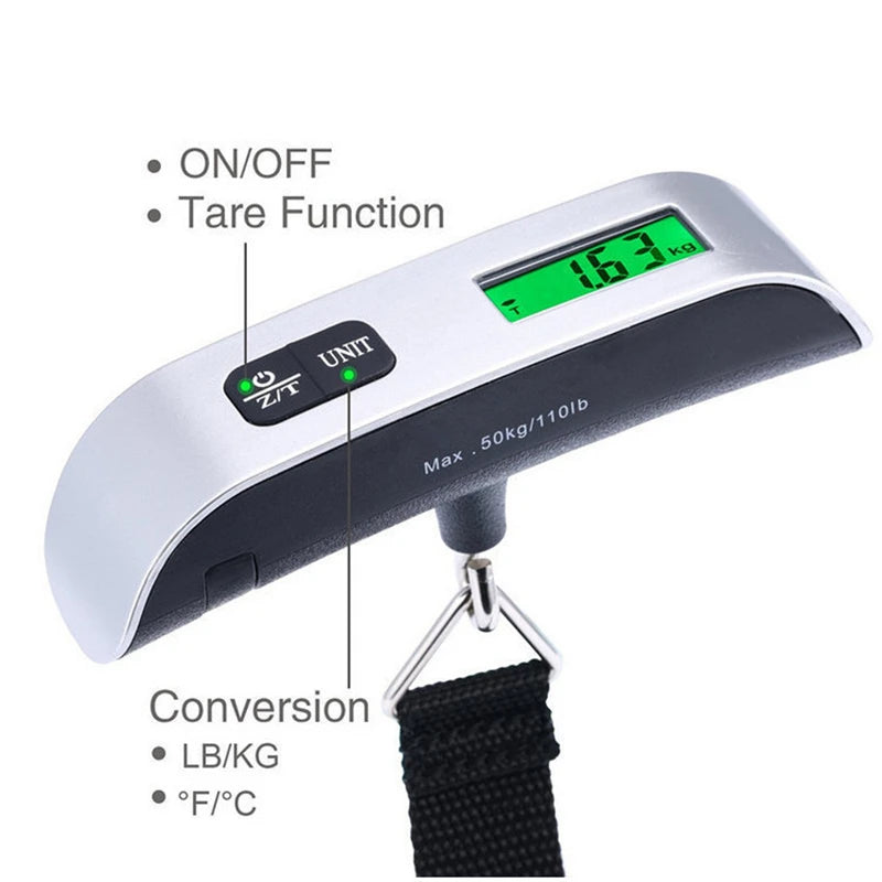 A white digital weighing scale with an ON/OFF switch, tare function, and conversion for lb/kg and F/C.