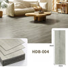 Close-up view of light gray wood grain floor tiles and a sample strip showing the texture.