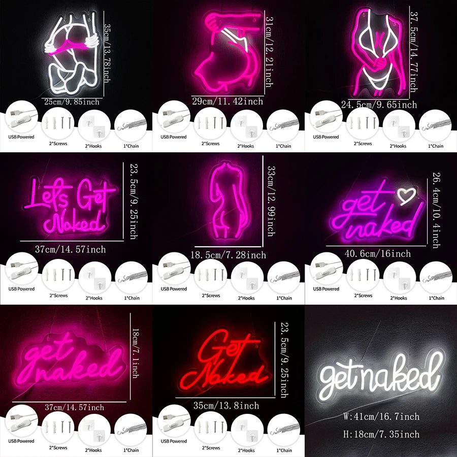 Neon wall signs featuring the text Get Naked in various styles and sizes with pink and purple lighting.