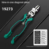 A set of nine-in-one diagonal pliers with a black and green handle and silver jaws, shown against a dark background.