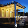 Holzpergola mit Außen-Solar-Lichter, die eine Terrasse bei Dämmerung beleuchten.