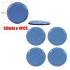 Four round blue self-adhesive furniture sliders measuring 50mm each for floor protection.