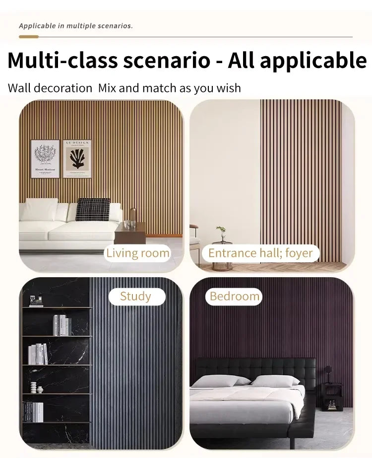 Multi-class scenario showing self-adhesive wood grain wall panels used for living room, foyer, study, and bedroom decor.