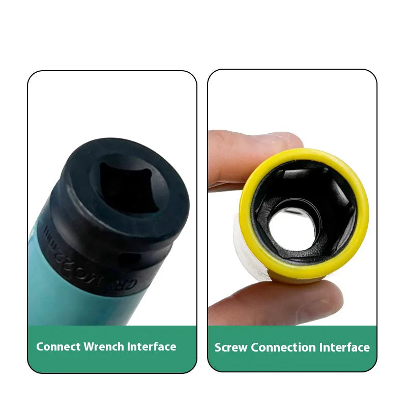 Two views of a precision drive impact wrench socket set showing the connect wrench interface and screw connection interface.