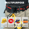 A yellow tool belt features a black hook and holster for an electric cable, electrical tape, and small tool bag.