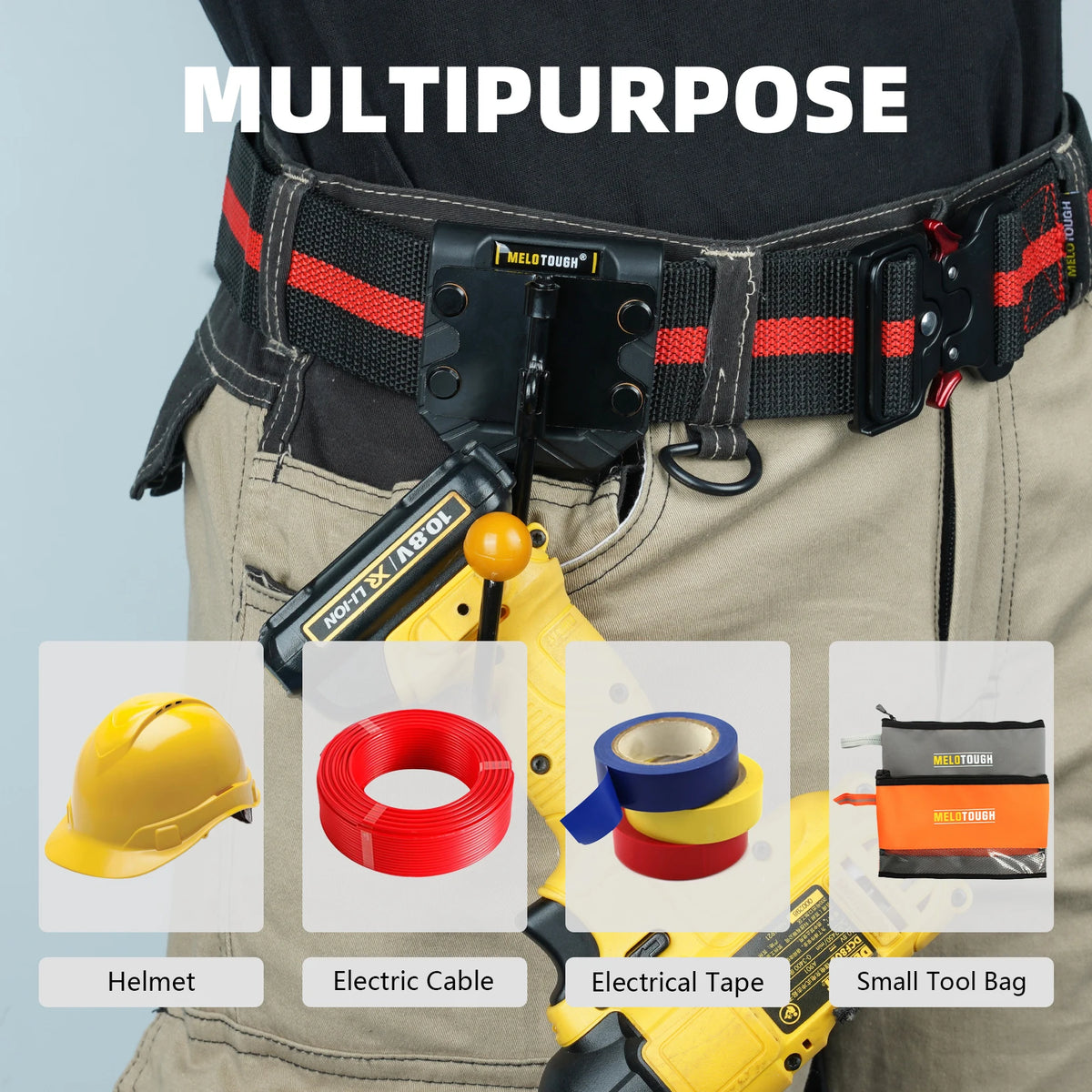 A yellow tool belt features a black hook and holster for an electric cable, electrical tape, and small tool bag.