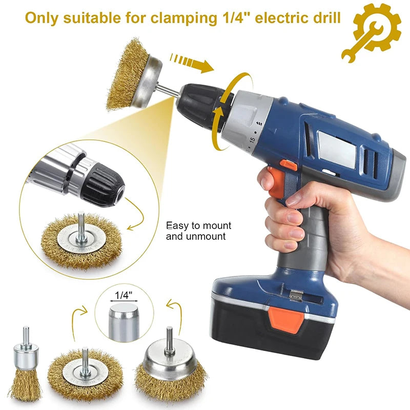 A set of coarse crimped wire brushes and mounting hardware shown being clamped onto a 1/4 inch electric drill.