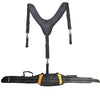 Black adjustable tool belt suspenders with a pouch bag and strap