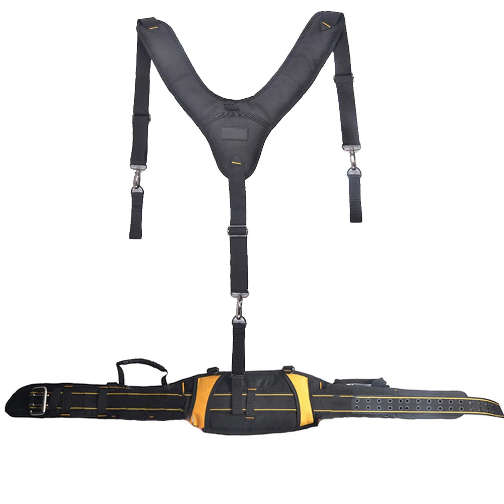 Black adjustable tool belt suspenders with a pouch bag and strap