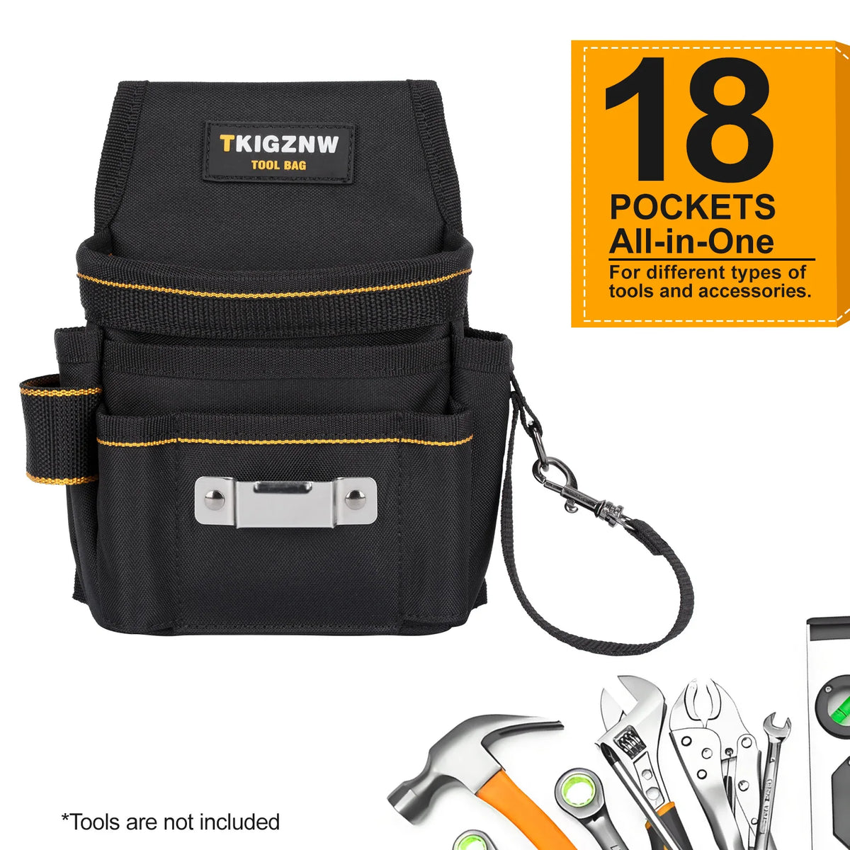 Black all-in-one tool bag with 18 pockets for DIY and gardening tools