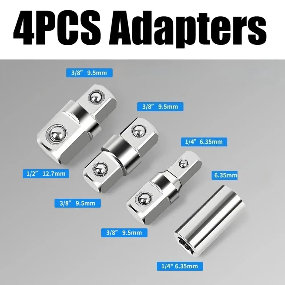 A set of four metal adapters with various sizes including 3/8 inch and 1/4 inch for precision socket wrench use.
