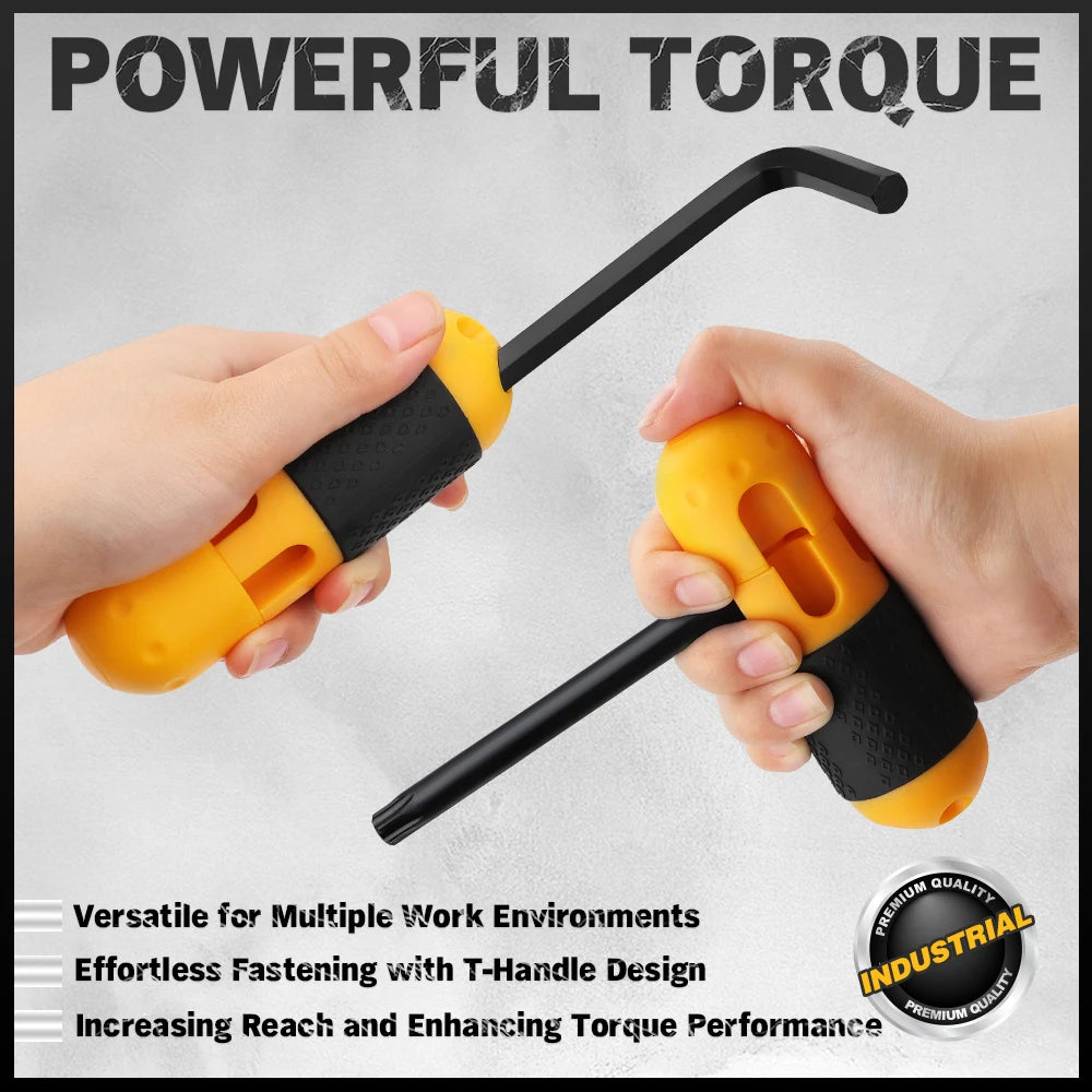 Hands demonstrate a yellow and black torque wrench tool with a T-handle design for fastening work.