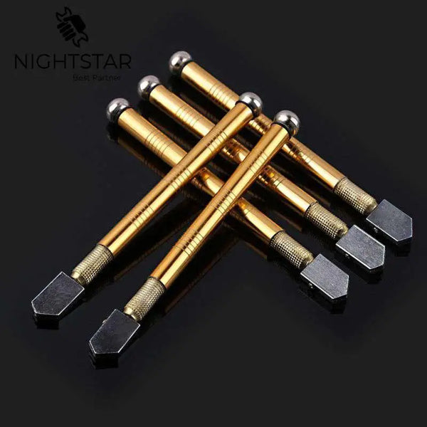 A set of precision ceramic tile glass cutter hand tools with gold-colored shafts and dark cutting edges.