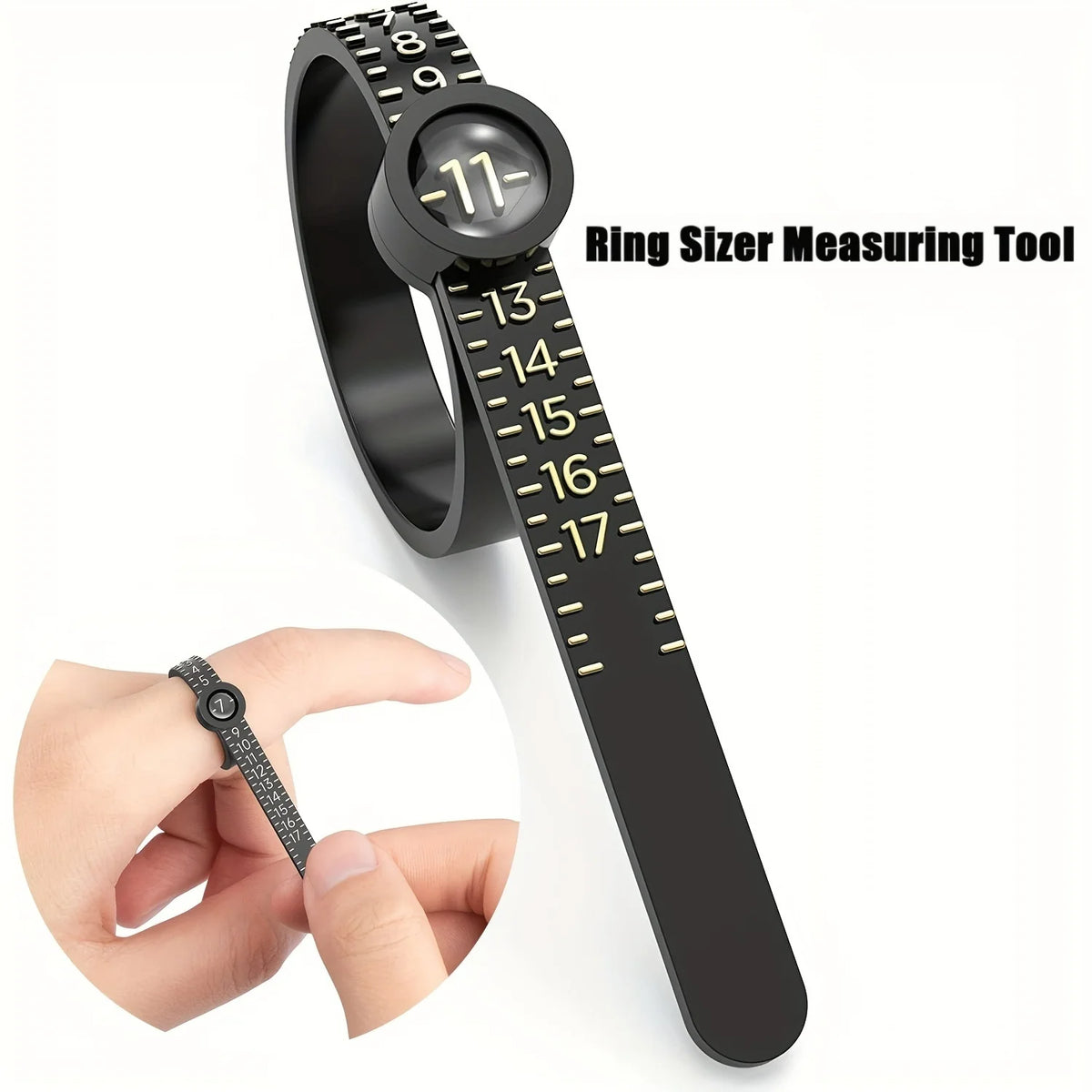 A black ring sizing tool with a magnifying lens and numbered scale is shown next to a hand for size measurement.