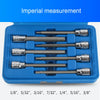 A blue case containing a set of imperial measurement hex socket bits for drill and repair