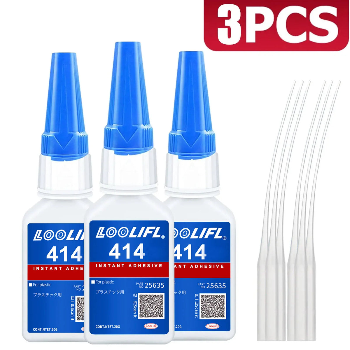Three bottles of instant adhesive glue sticks for plastic, with individual applicator tips shown.