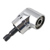 Silver 105 degree right angle drill adapter with a hexagonal shaft and internal threading.