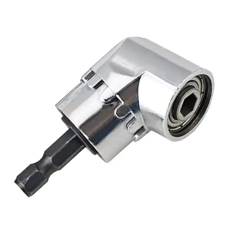 Silver 105 degree right angle drill adapter with a hexagonal shaft and internal threading.