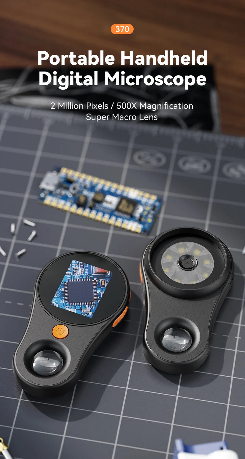 A portable handheld digital microscope is shown resting on a dark surface next to its circuit board component.