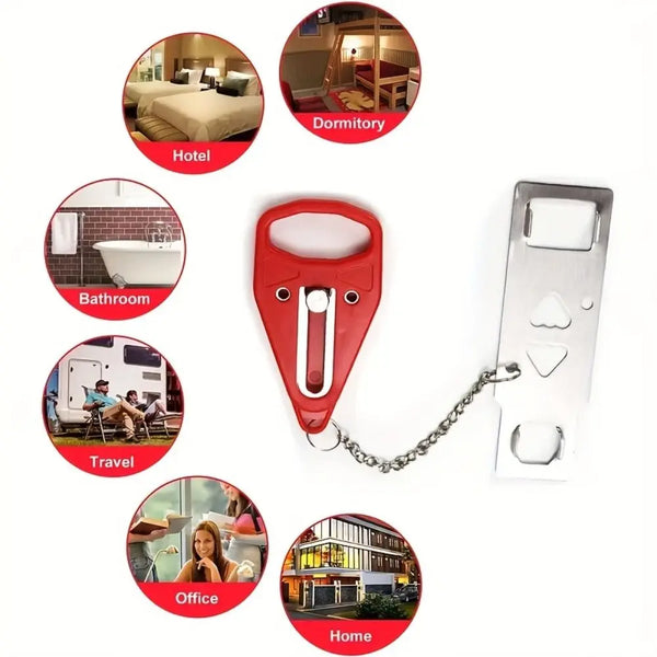 A portable double hole door lock shown with various application contexts including hotel, dormitory, bathroom, travel, office