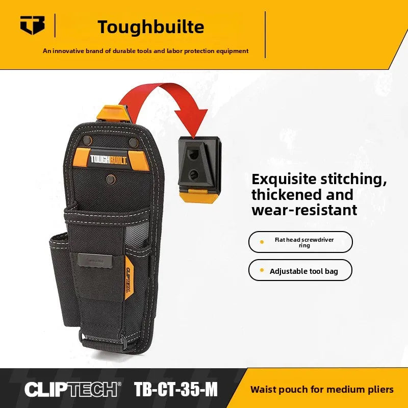 A black Toughbuilt waist pouch for medium pliers, featuring exquisite stitching and an adjustable design.