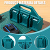 A teal heavy-duty battery storage organizer for Makita tools shown with detailed close-ups of its construction.