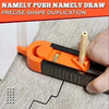 An orange and black precision profile scribing ruler is shown being used to mark a line on a wooden surface.