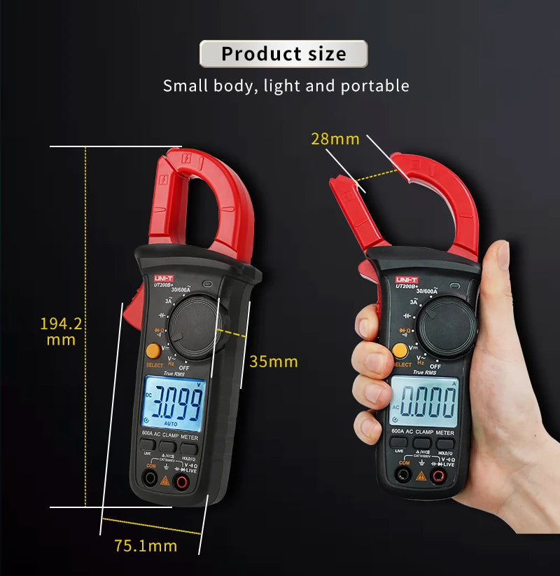 A hand holds a red and black digital clamp meter, showing its size and features.