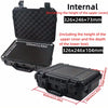 Black waterproof hard carry case for tool and sponge storage shown with internal and external dimensions.