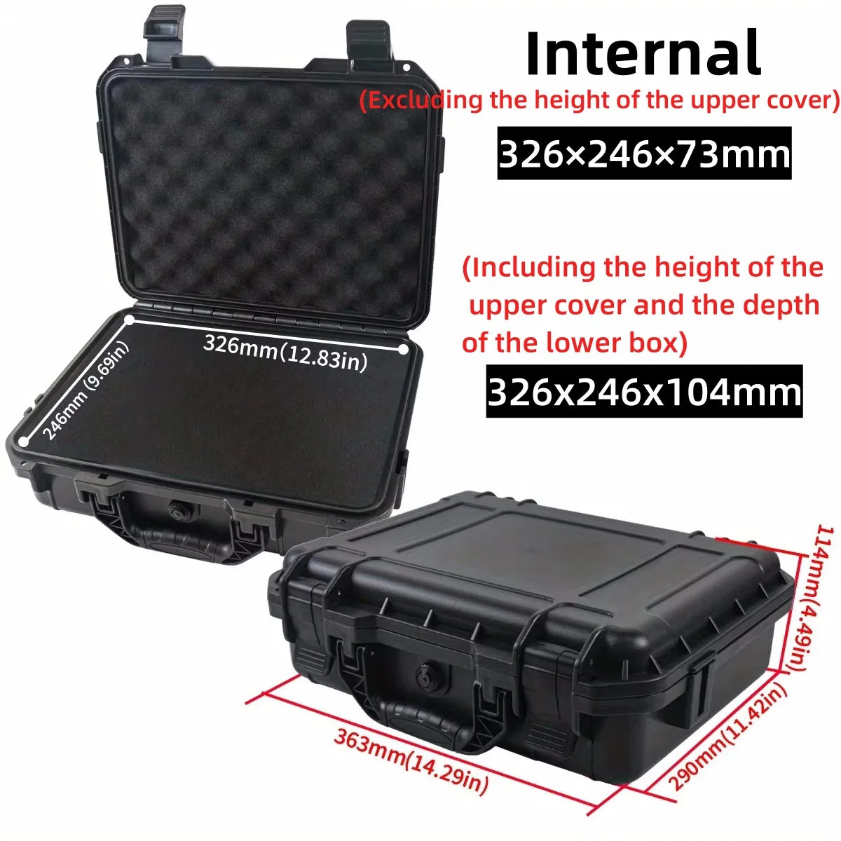Black waterproof hard carry case for tool and sponge storage shown with internal and external dimensions.