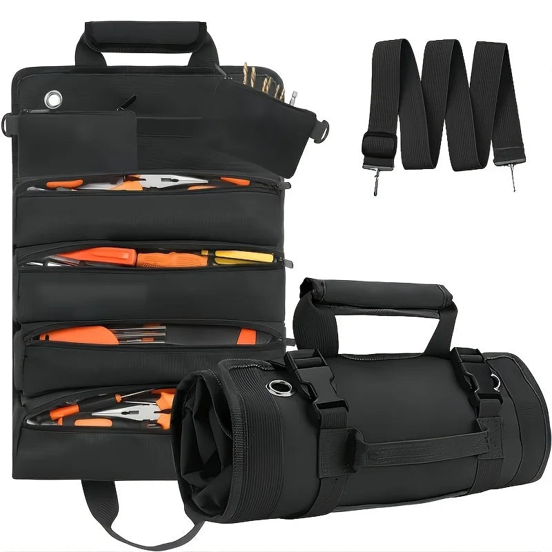 Schwarze robuste Roll-up-Werkzeugtasche mit mehreren Fächern und Riemen