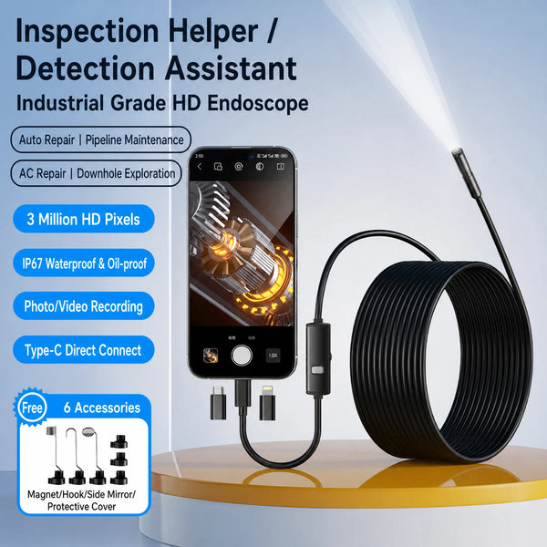 An industrial grade HD endoscope connected to a smartphone for inspection and detection tasks.