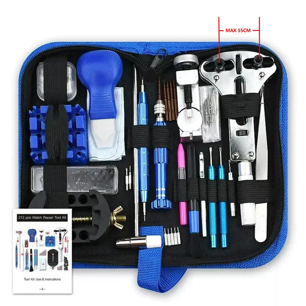 A black tool kit for watch repair containing various precision tools and components.