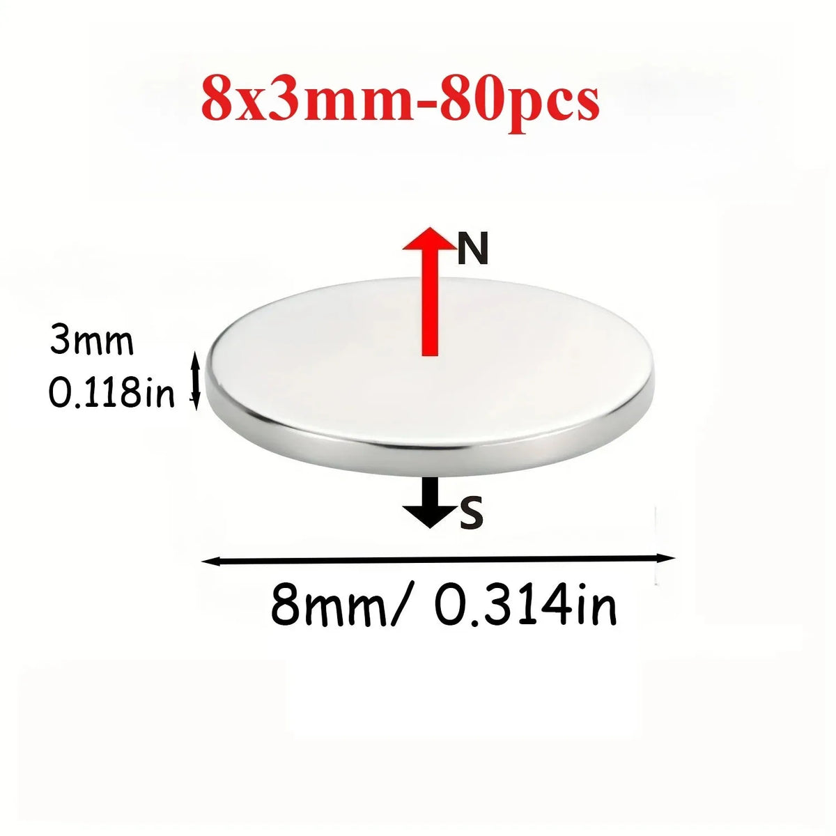 Rundes, silbernes Magnet-Sticker mit 3 mm Dicke und 8 mm Durchmesser.