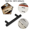 Black stainless steel T-bar cabinet handles shown with various cabinet door examples.