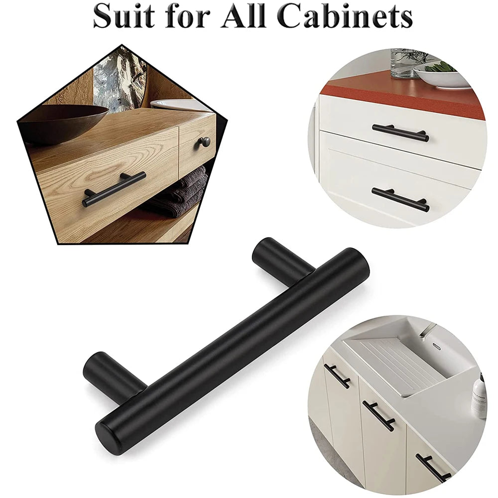 Black stainless steel T-bar cabinet handles shown with various cabinet door examples.