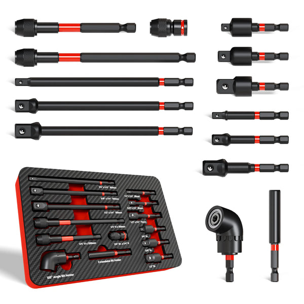 A set of 14 impact socket adapters for drills and drivers, featuring various sizes and configurations.