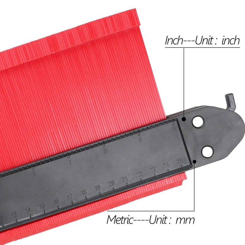 A red profile contour gauge showing both inch and metric measurements on a wooden surface.