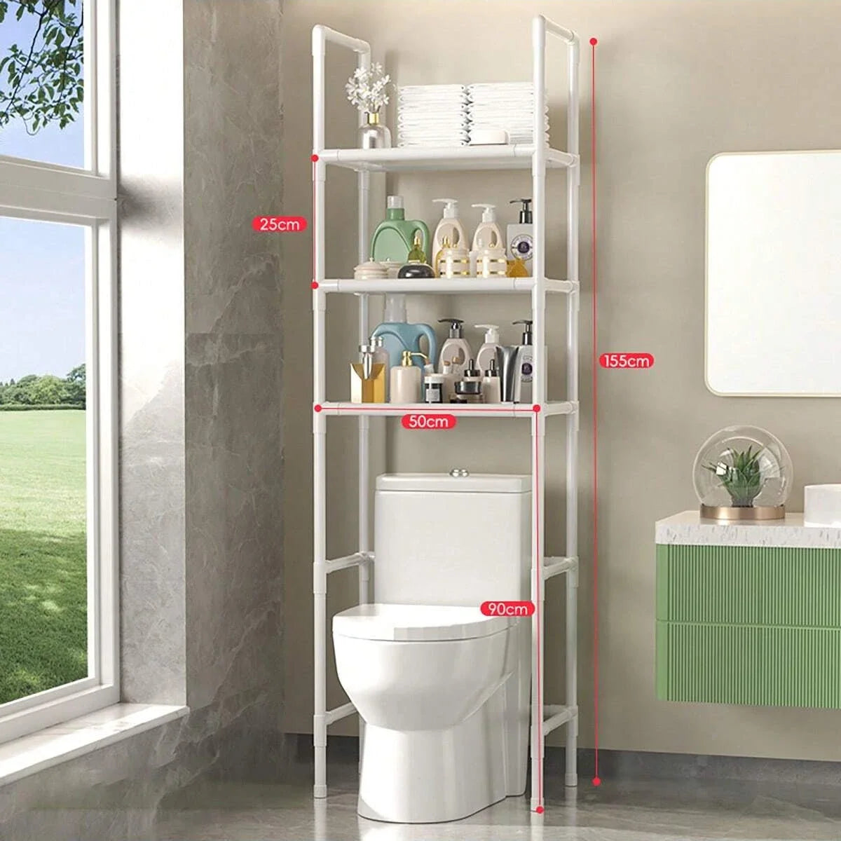 A white multi-layer bathroom storage rack with shelves and a toilet visible in a modern bathroom setting.